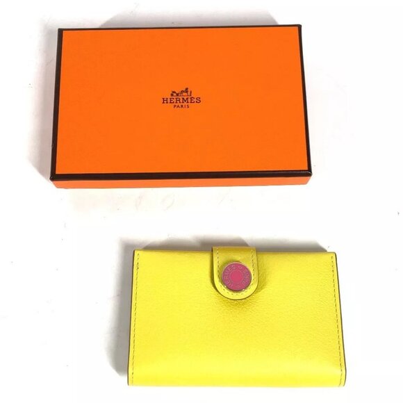 HERMES Bicolor R.M.S Business Card Holder Pass Case Folded Yellow/pink Unused - Picture 2 of 10